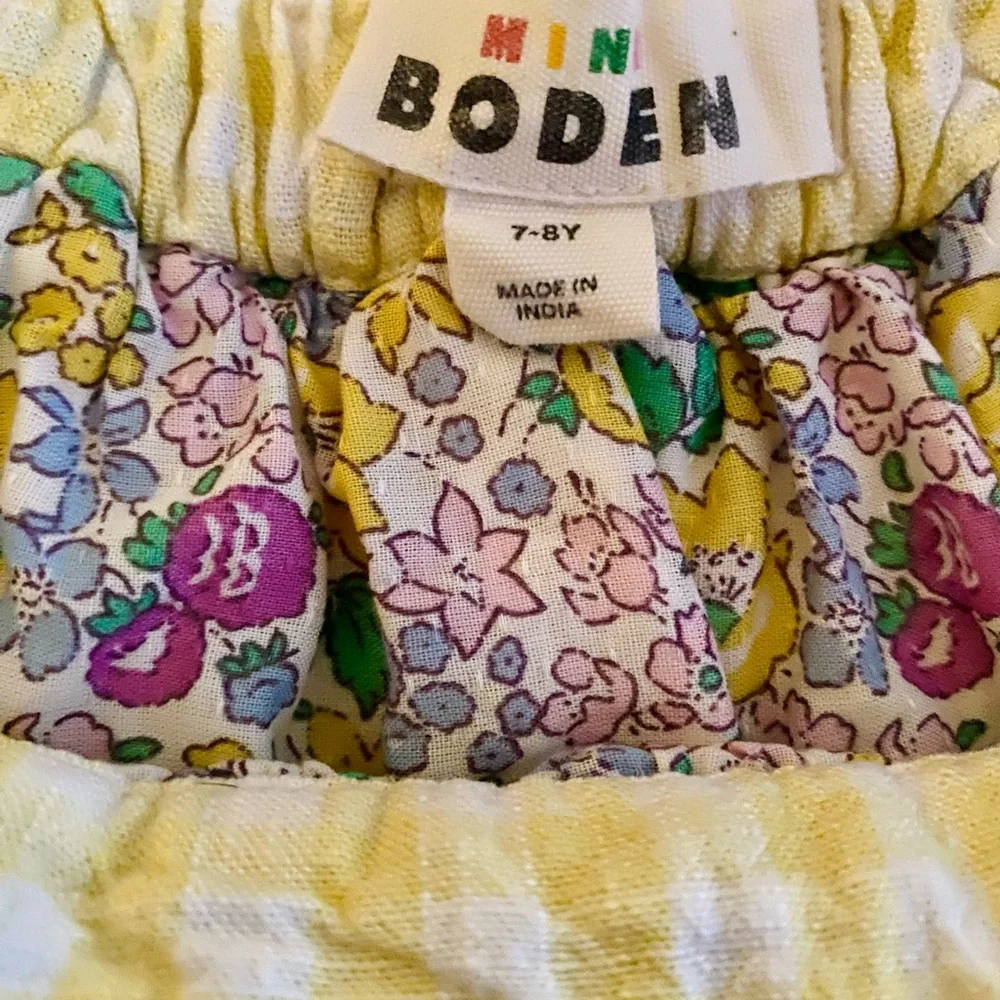 Mini Boden Yellow and White Checkered Pinafore Floral-Trim Dress - Picture 3 of 4